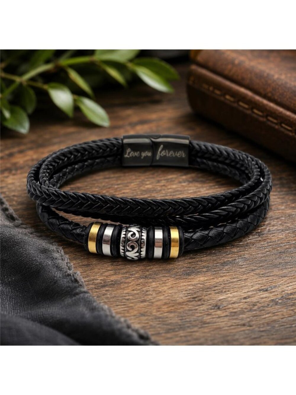 Men’s Black Braided Leather Multi Strand Bracelet Love You Forever 7.5"